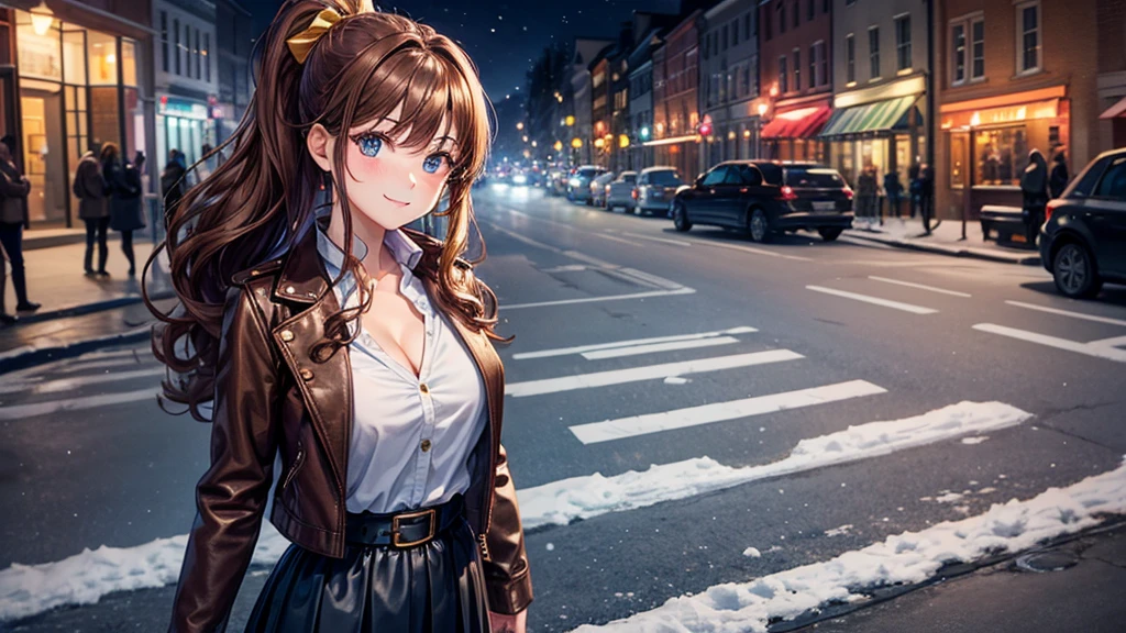 1girl, solo, christmas, ((christmas tree)), street, night, lights, snow, long hair, brown hair, curly hair, ponytail, large full breasts, ((brown leather jacket)), button down shirt, dark blue eyes, ((blue shirt)), ((unbuttoned shirt)), ((long skirt)), smile, ((unbuttoned shirt)), unbuttoning buttons, cleavage 1:3, looking at the viewer, standing, hair ribbon, golden necklate