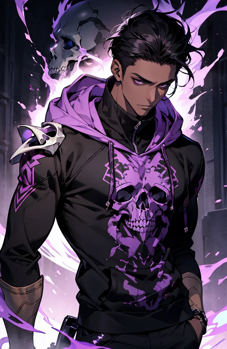 male with bones, looking away from camera, skulls, bones, handsome, black, dark skin, tall, broad shoulders, black hair, purple, purple fire, magic, detailed face, fantasy, hoodie