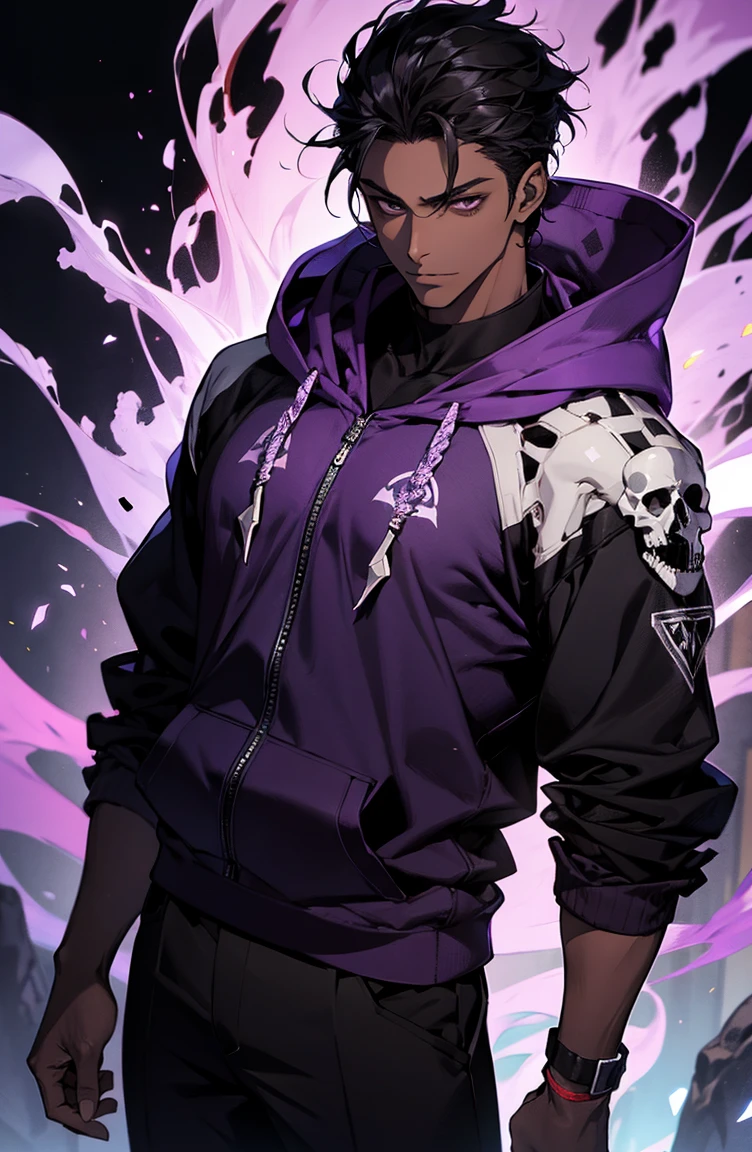 male with bones, looking away from camera, skulls, bones, handsome, black, dark skin, tall, broad shoulders, black hair, purple, purple fire, magic, detailed face, fantasy, hoodie
