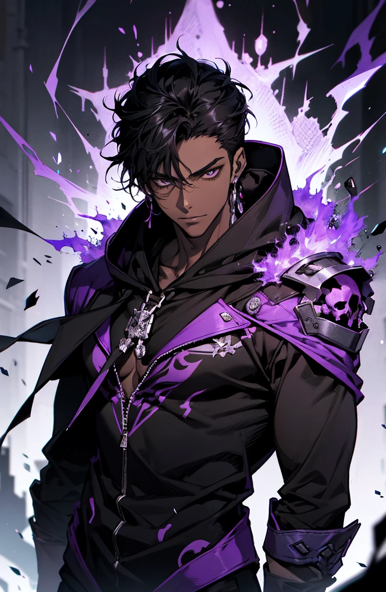 male with bones, looking away from camera, skulls, bones, handsome, black, dark skin, tall, broad shoulders, black hair, purple, purple fire, magic, detailed face, fantasy, hoodie