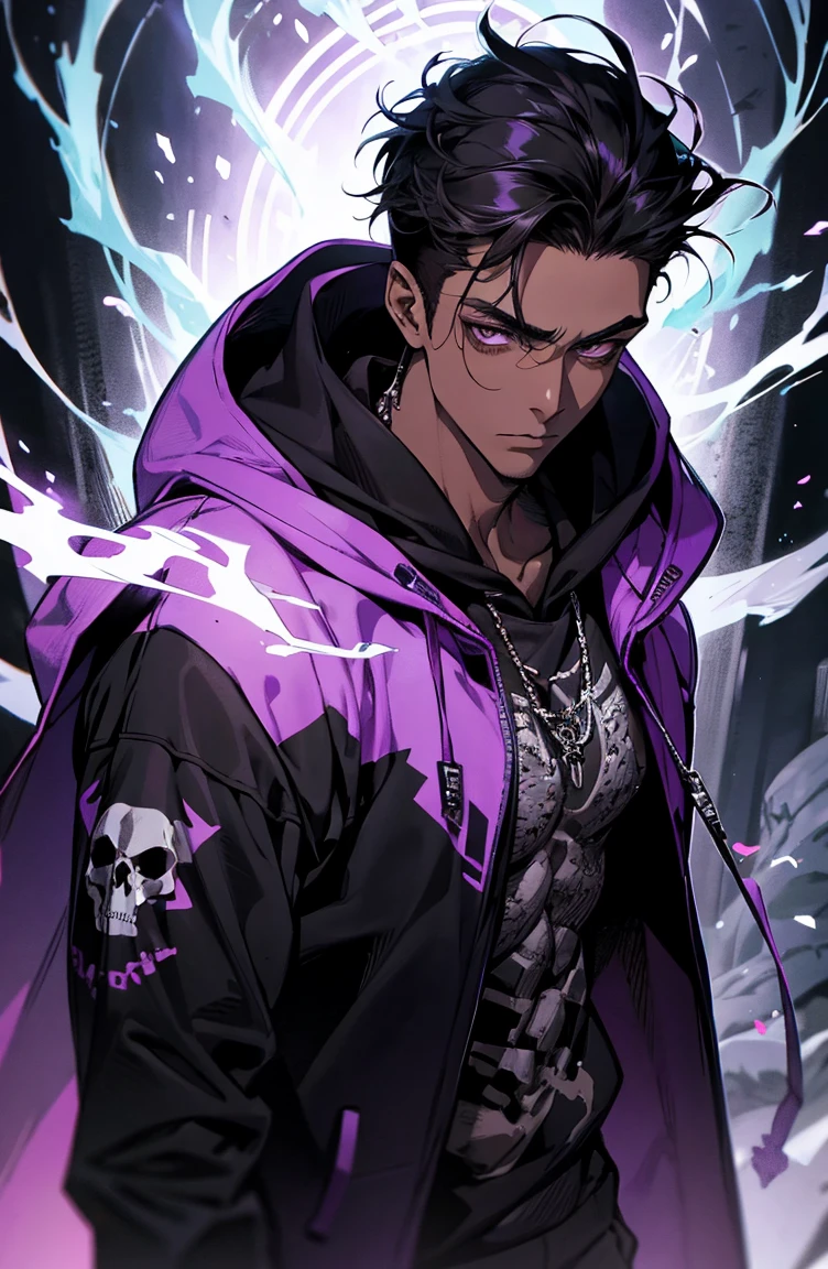 male with bones, looking away from camera, skulls, bones, handsome, black, dark skin, tall, broad shoulders, black hair, purple, purple fire, magic, detailed face, fantasy, hoodie