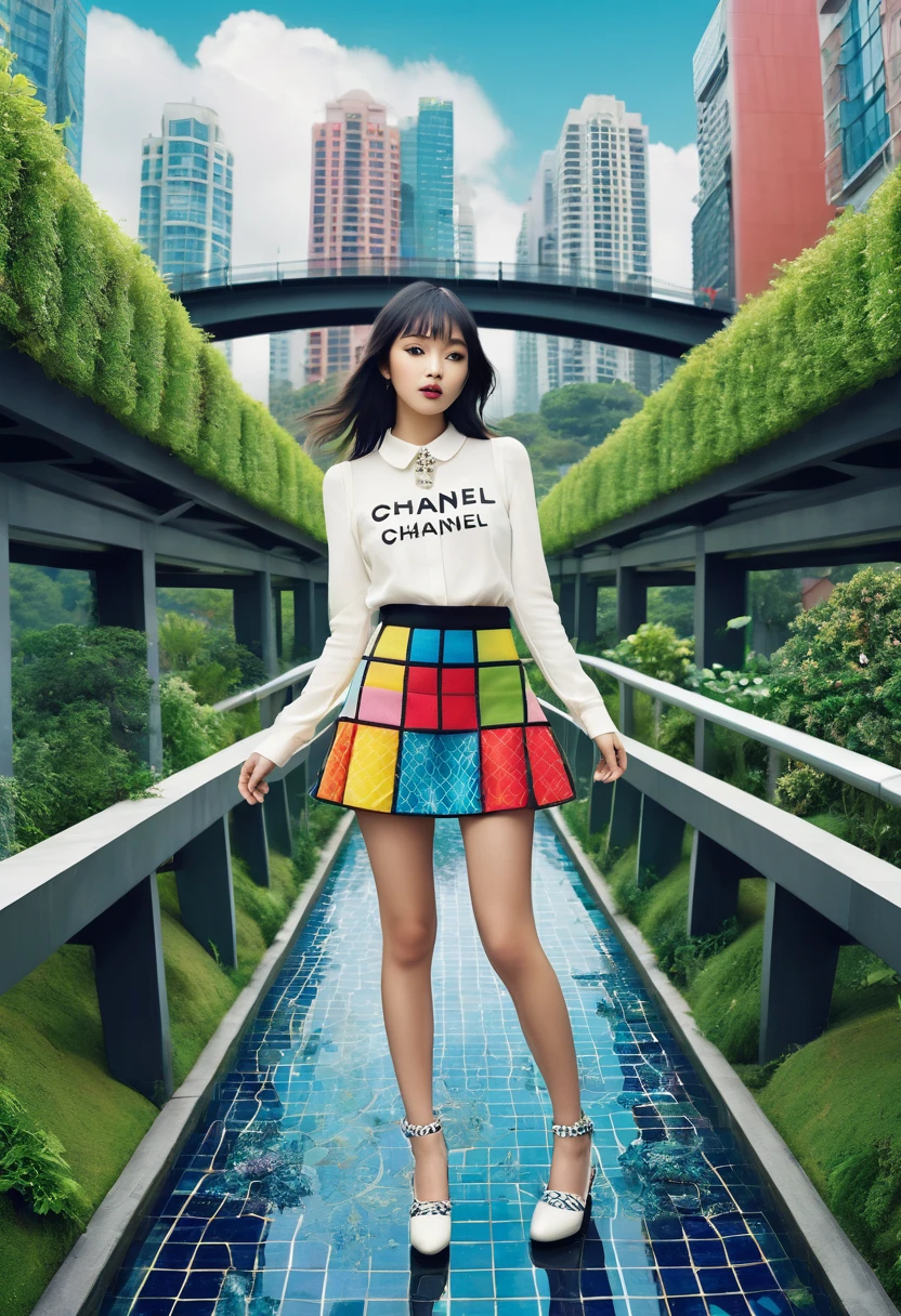 A captivating surreal image, captured from a hip-level perspective, showcases a playful Asian girl dressed in the latest Chanel fashion. She dons a vibrant mini-skirt composed of colorful square patterns, creating a whimsical yet sophisticated look. The background artfully blends urban and nature elements, with towering buildings and lush greenery intertwining both worlds. A modern bridge connects these contrasting realms, while a monochrome cityscape in the distance adds depth. The overall composition masterfully highlights the girl's distinctive style and her harmonious connection with her dreamlike urban surroundings.