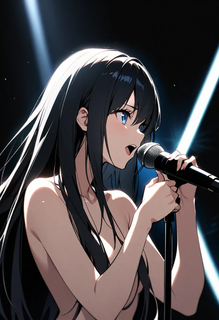 upper body of beautiful singer woman, long straight black hair, blue eyes, naked, topless, singing, reflector, light beams, black background