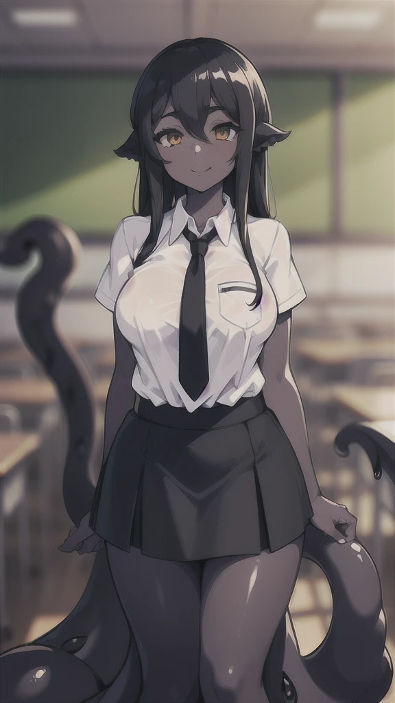 (1girl ,20s,mature female,adult),happy,white shirt,short sleeves,black standard tie,white school skirt,black hair,long hair,(classroom),((shoggoth body,pure dark skin,colored skin)),cowboy shot