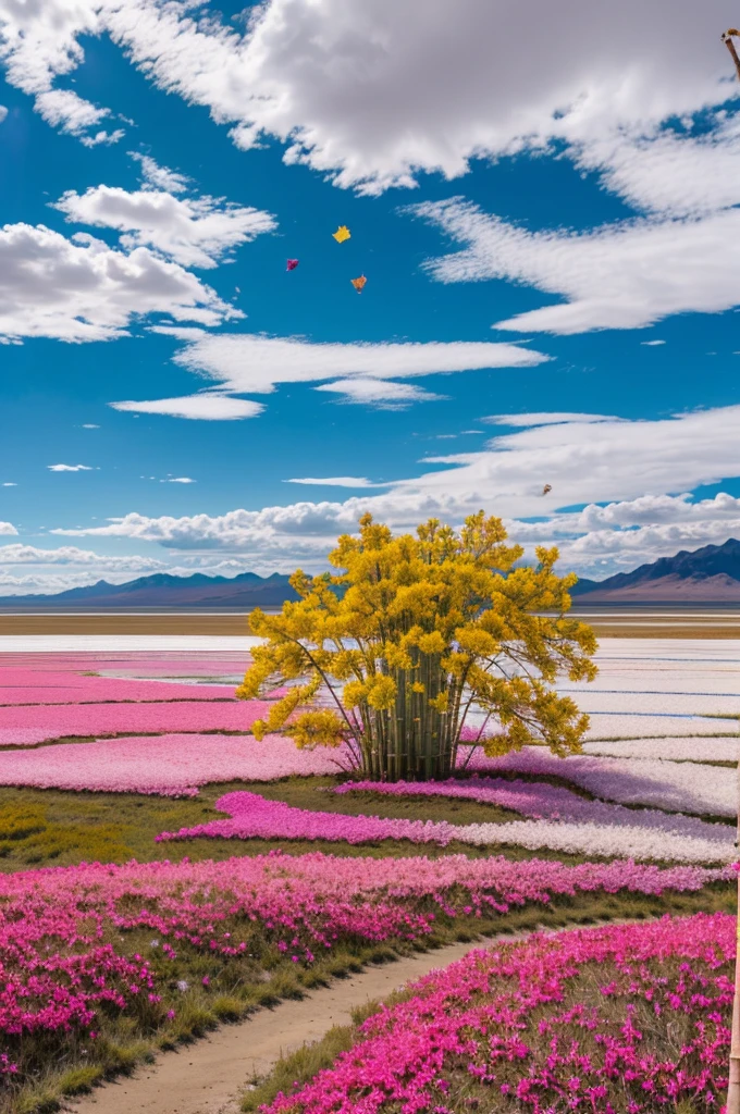 A magical landscape, beautiful and 4k of the crystalline Uyuni salt flat and above it there is a beautiful and large bamboo covered in leaves and flowers being surrounded by a long strip of the Bolivian flag and bright petals falling from the sky giving magic to the landscape.