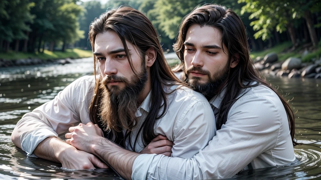 two gentlemen with long hair and beard hugging each other in the river