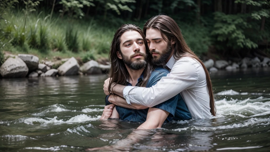 two gentlemen with long hair and beard hugging each other in the river