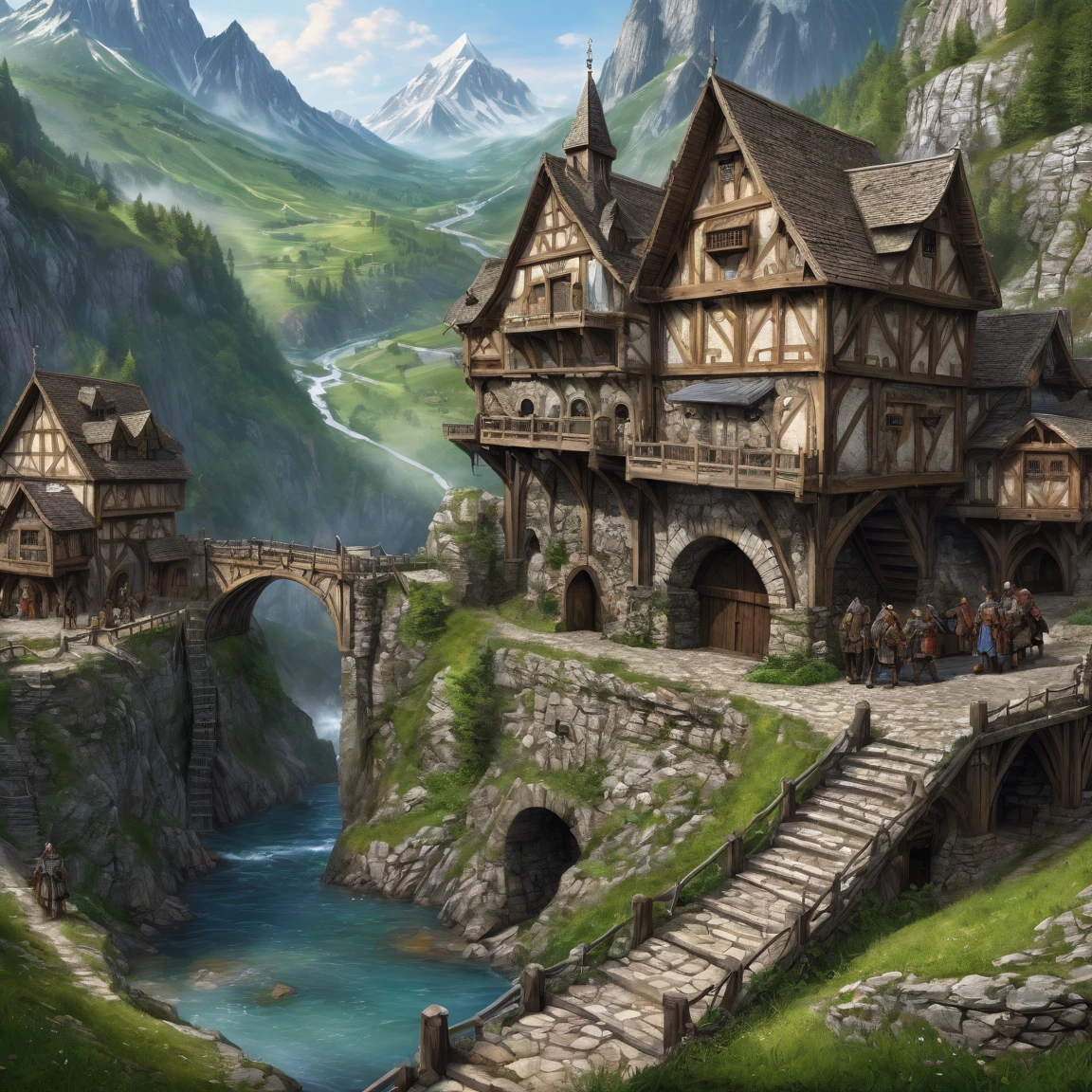 (best quality)), ((masterpiece)), ((realistic,digital art)), (super detailed), grand mine naine, chaine de montagne background, (medieval fantasy style)