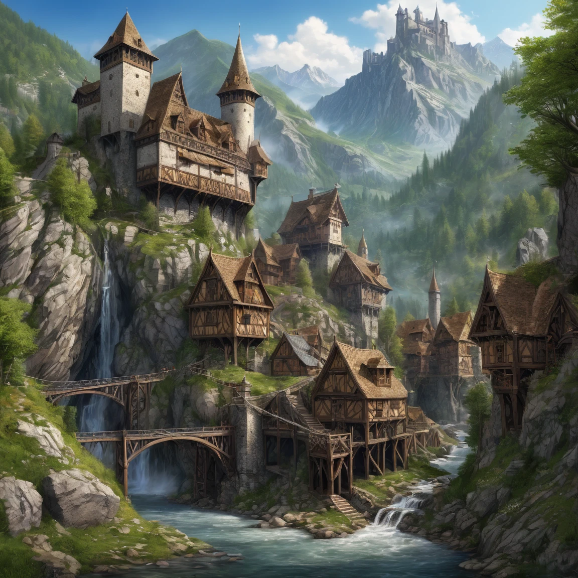 (best quality)), ((masterpiece)), ((realistic,digital art)), (super detailed), grand mine naine, chaine de montagne background, (medieval fantasy style)