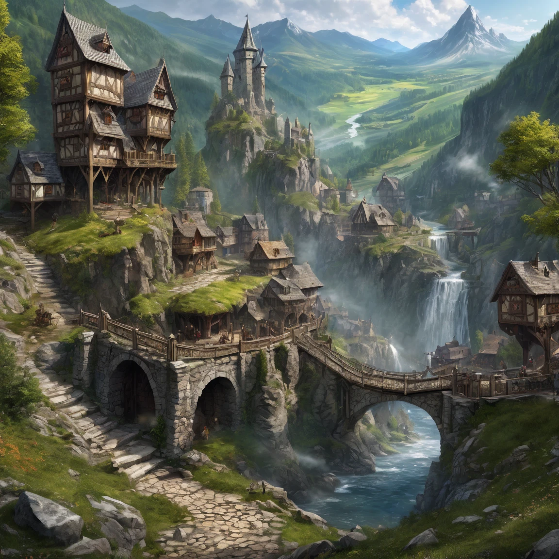(best quality)), ((masterpiece)), ((realistic,digital art)), (super detailed), grand mine naine, chaine de montagne background, (medieval fantasy style)