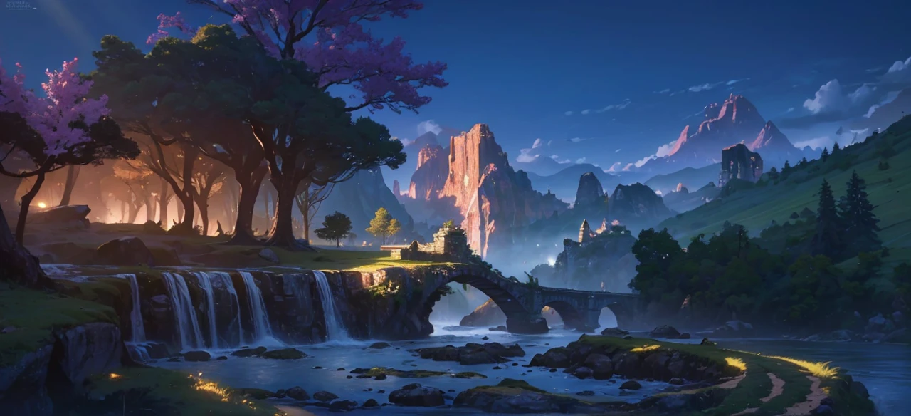 A highly detailed and intricate fantasy landscape, 8K resolution, masterpiece, ray tracing, photorealistic rendering, vibrant colors, dramatic lighting, sweeping vistas, lush vegetation, towering mountains, cascading waterfalls, ancient ruins, magical elements, cinematic composition