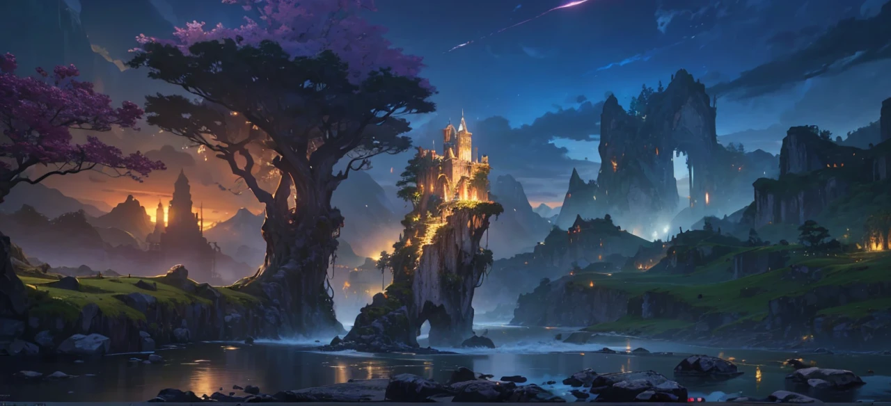 A highly detailed and intricate fantasy landscape, 8K resolution, masterpiece, ray tracing, photorealistic rendering, vibrant colors, dramatic lighting, sweeping vistas, lush vegetation, towering mountains, cascading waterfalls, ancient ruins, magical elements, cinematic composition