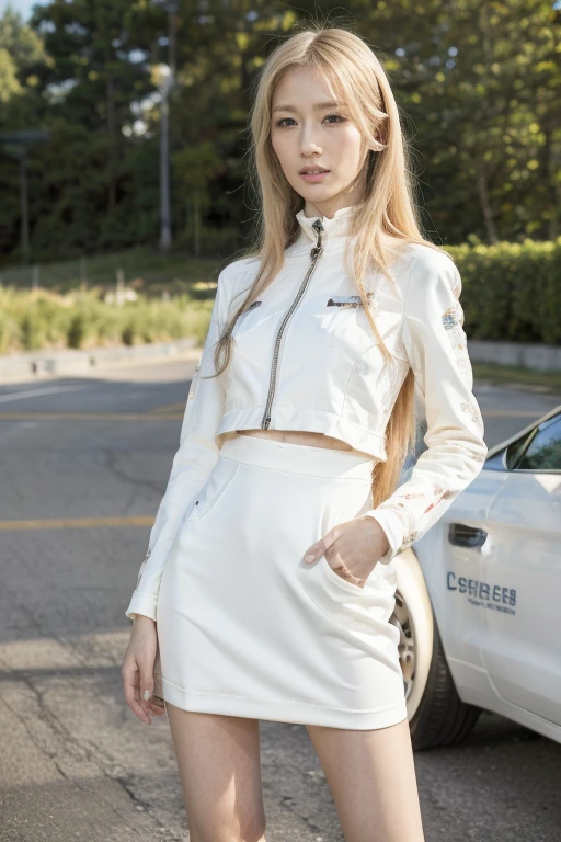 high resolution, best quality, Original Photography, Super Detail, (Delicate face), (Delicate eyes) ,blonde,In spaceship, Two people standing,Korean female star,fashion model,trial,intricate spacesuit,Glamorous_Full set of clothing, flow_skirt, Long legs,elegant_Jewelry, complex_decorate, aliens in the background