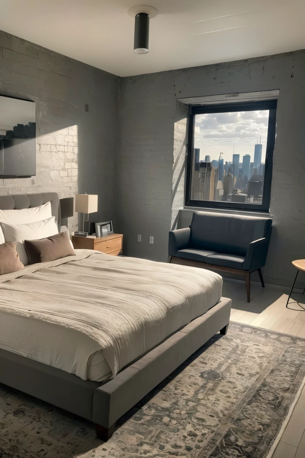 ((best qualityer)), (detailded),(1920x1080), a room overlooking Manhattan with a burnt cement wall without large furniture