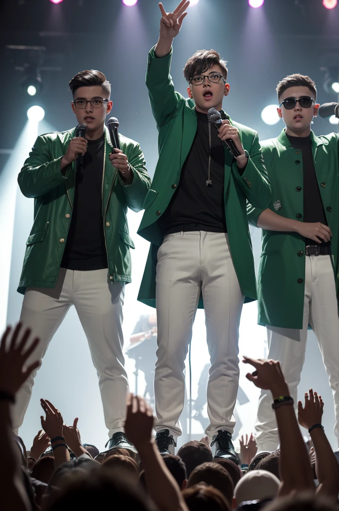 3 boys,a brunette with a short cut with almost no hair and a low fade,one with thin white glasses,and another half skinny and half chubby with a green coat (and everyone with a microphone as if they were at a show performing)