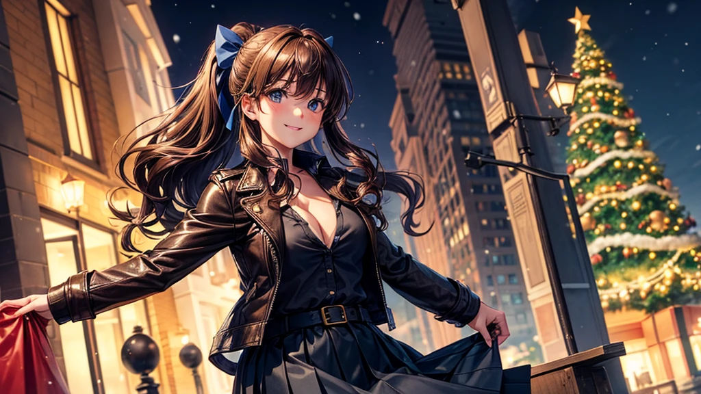 1girl, solo, christmas, ((christmas tree)), street, night, lights, snow, long hair, brown hair, curly hair, ponytail, large full breasts, ((brown leather jacket)), button down shirt, dark blue eyes, ((blue shirt)), ((unbuttoned shirt)), ((long skirt)), smile, ((unbuttoned shirt)), unbuttoning buttons, cleavage 1:3, looking at the viewer, standing, hair ribbon, golden necklate
