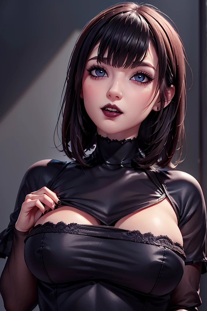 Fine detailed face, perfect eyes, pale skin, gothic makeup, short hair with bob style bangs, thick lips and open mouth showing vampire fangs., modelo realmente sorprendente y original
