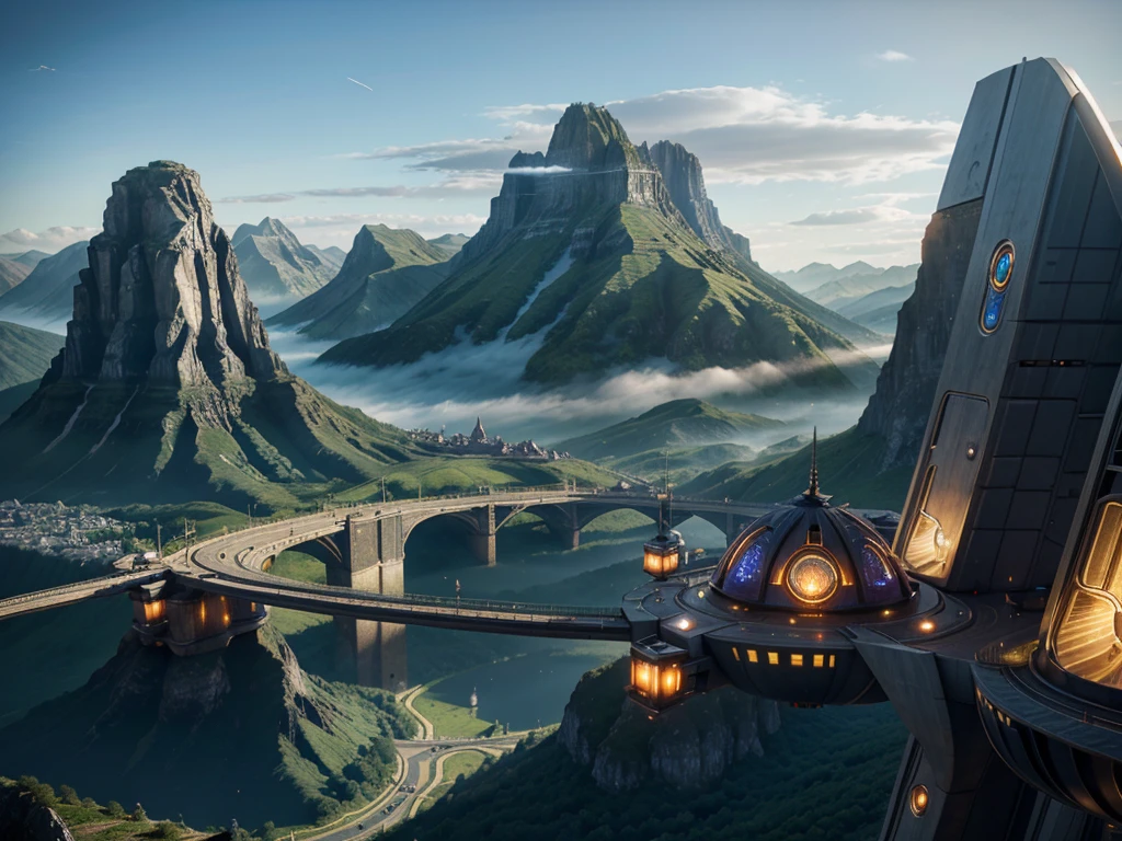futuristic city, fantasy, 23rd century, England, mountains