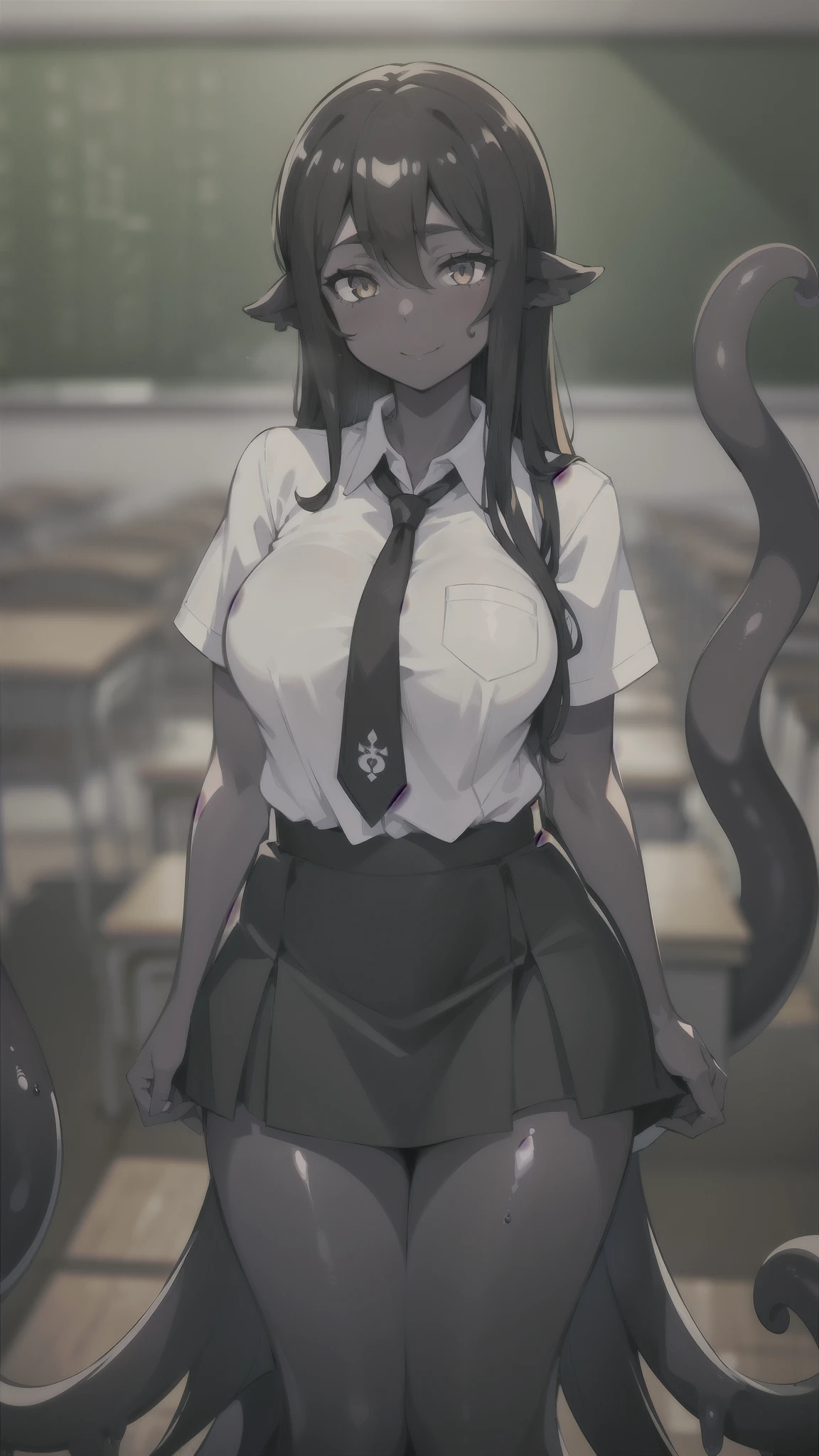 (1girl ,20s,mature female,adult),happy,white shirt,short sleeves,black standard tie,white school skirt,black hair,long hair,(classroom),((shoggoth body,pure dark skin,colored skin)),cowboy shot