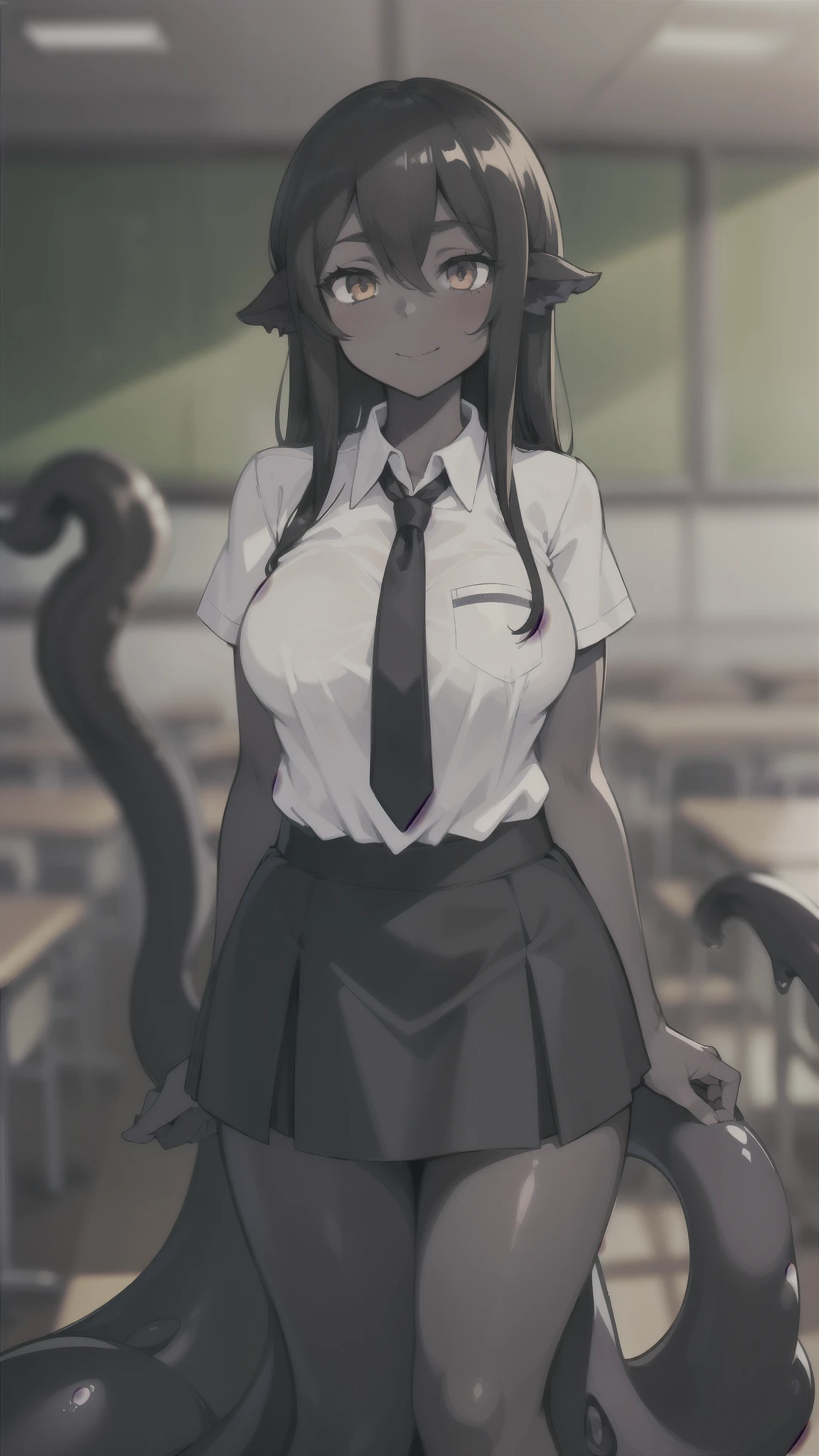 (1girl ,20s,mature female,adult),happy,white shirt,short sleeves,black standard tie,white school skirt,black hair,long hair,(classroom),((shoggoth body,pure dark skin,colored skin)),cowboy shot