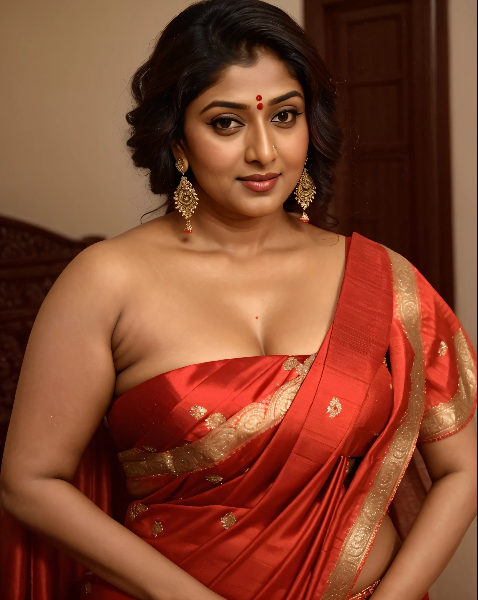 Wearing a sexy satin saree with strapless Bra, sexy Indian housewife, Looks like Indian Actress Nayanthara, actress Nayanthara, mallu, mallu aunty, desi aunty, full figured mature beauty, sweaty skin , shining skin, sweat, attractive figure, 48 years old, spicy hot, desi milf, desi aunty, a close up of a woman in a red dress in a bedroom, inspired by Avigdor Arikha, sleek!!!, indian super model, wavy hair combed to one side, actress, by Jitish Kallat, smoldering, intense smoldering, fashion, an angel, print ready, with a dramatic looking, inspired by Sudip Roy, seductive look, sexy Saree queen, sexy Saree fashion, seductive Saree, wear saree, sizzling hot Beauty, red juicy lips,