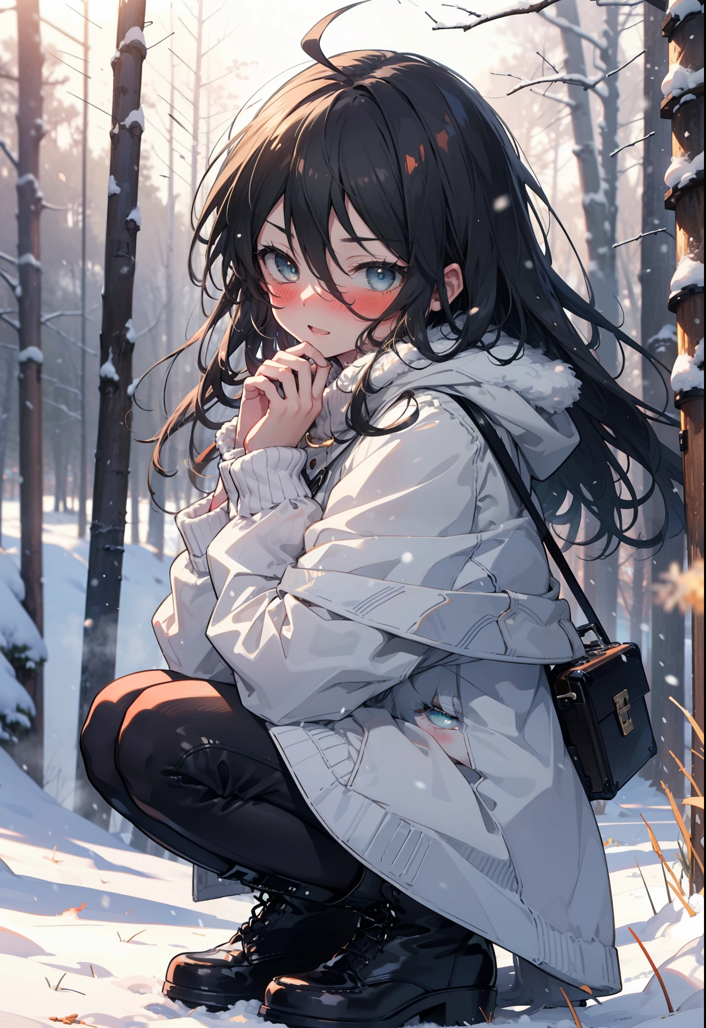 Shana,灼眼のShana,Long Hair, Redhead, Red eyes,Ahoge,,smile,blush,White Breath,
Open your mouth,snow,Ground bonfire, Outdoor, boots, snowing, From the side, wood, suitcase, Cape, Blurred, , forest, White handbag, nature, Squat, Mouth closed, Cape, winter, Written boundary depth, Black shoes, red Cape break looking at viewer, Upper Body, whole body, break Outdoor, forest, nature, break (masterpiece:1.2), Highest quality, High resolution, unity 8k wallpaper, (shape:0.8), (Beautiful and beautiful eyes:1.6), Highly detailed face, Perfect lighting, Extremely detailed CG, (Perfect hands, Perfect Anatomy),