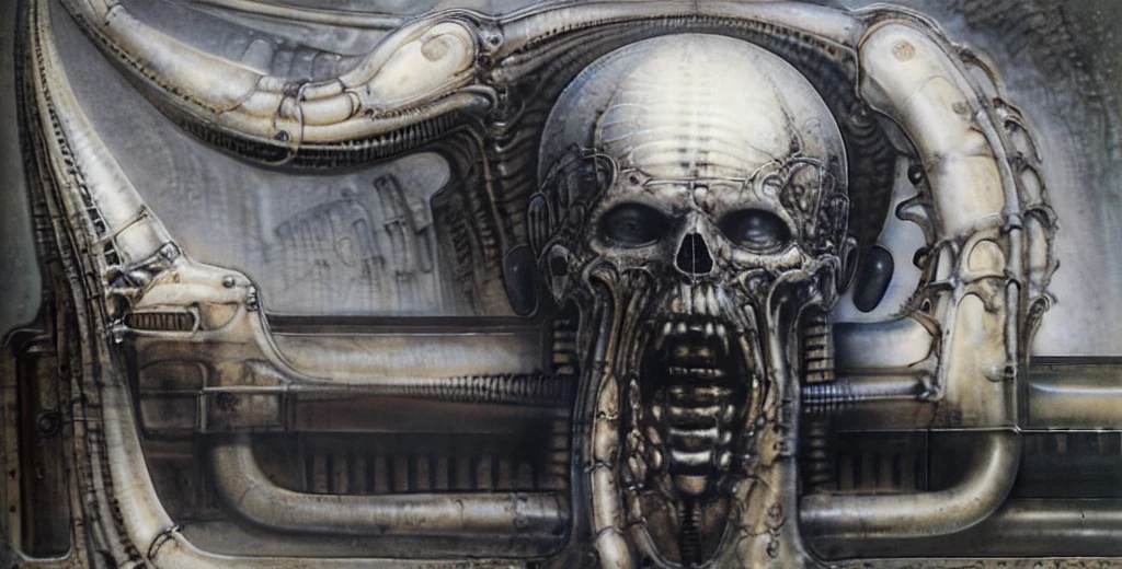 Giger_style, The image is a detailed view of H.R. Giger's \" Landscape XVI \" plate, featuring a complex network of bones and organs in a purple-brown hue ,swirling gray and brown colors. The artwork is silver and purplish brown, with an ivory bones prominently displayed. The image is highly detailed and intricate, almost like a 3d version of a medical diagram
The image is an artistic representation of a mechanical structure with pipes and gears, with a skeletal creature and a windmill blade.
The image depicts a surreal, anatomical illustration of a alien body with a skeleton inside, surrounded by a network of tubes and pipes.
biomechanical landscape by Hans Rudie Giger composed of fossilized and mummified alien life forms. Image depicts a strange and dreamlike, combines biological and mechanical ,managed to dreamlike quality. Centralized recognizable shapes of skulls, rib cages, and spines, all intertwined with tubes and cables. These shapes suggest fossilized mummified alien life forms. Central skeletal structures and what appears to be a ribcags of ivory in the foreground are the most identifiable organic elements. The mechanical elements are evident in the wires and tubes emanating from the skeletals, as well as the smooth metallic tubes. In the background shapes are visible that could be interpreted as other fossilized or mummified alien life.
Light source from the top highlights skeletals, upper part of foreground, lower part of image is in shadow.
The piece is a tableau, most likely created with a India ink pen or pencil on paper, determined by the thin lines, shading techniques, and the texture of the paper, which is visible around the edges.
used is pen, given the shading and variations in line weight visible in the image. One have used a variety of pencils with different degrees of hardness to achieve the shading effects
The style is clearly biomechanical. Features combination of organic and mechanical forms.