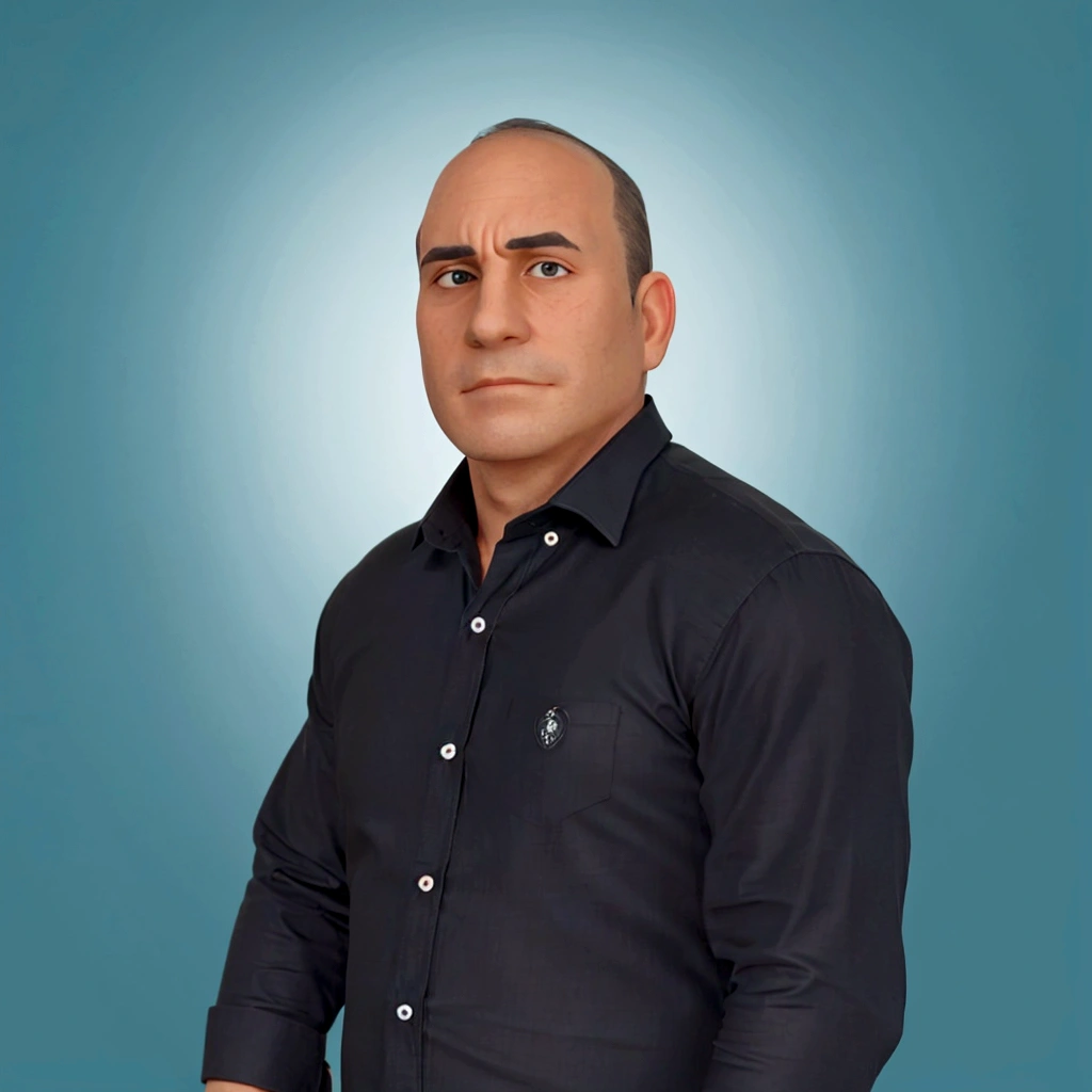 man wearing a black formal t-shirt, with a serious face and a slight smile. Create in several different positions, with hand on face, arm crossed