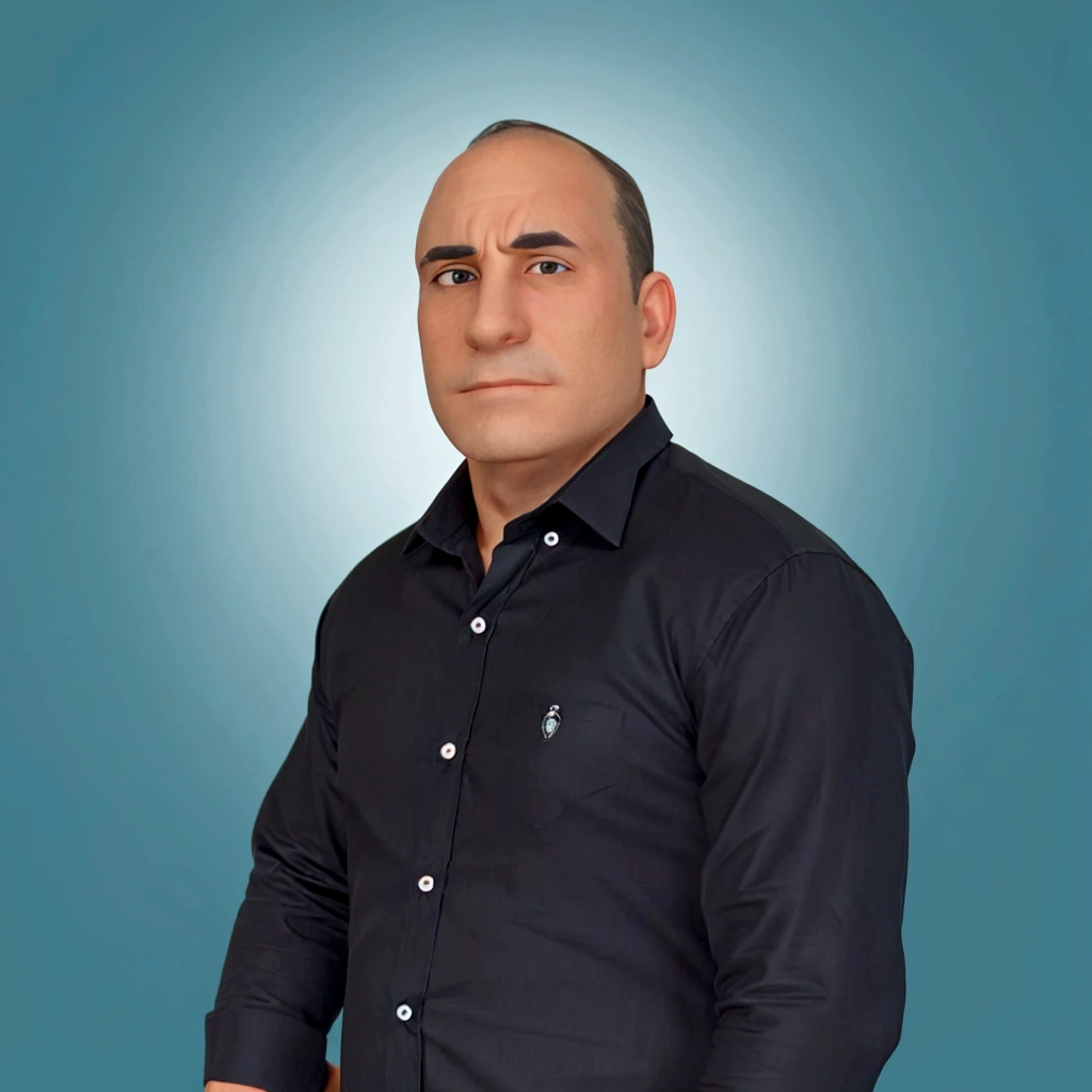 man wearing a black formal t-shirt, with a serious face and a slight smile. Create in several different positions, with hand on face, arm crossed