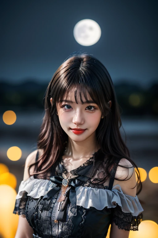 (a gorgeous japanese lady, Age 18, wearing a fashion dress, posing under night sky, soft natural moonlight shines, slender figure with ample round bosom, fair skin, beautiful detailed face, detailed eyes, shy smile, aegyo dimples, kawaii snaggle-tooth,(best quality,8K,highres,masterpiece:1.2),ultra-detailed,(realistic,photorealistic,photo-realistic:1.37),HDR,uhd,vivid colors,studio lighting,extremely detailed,professional, high angle camera shot, focused on bosom, bokeh night background)