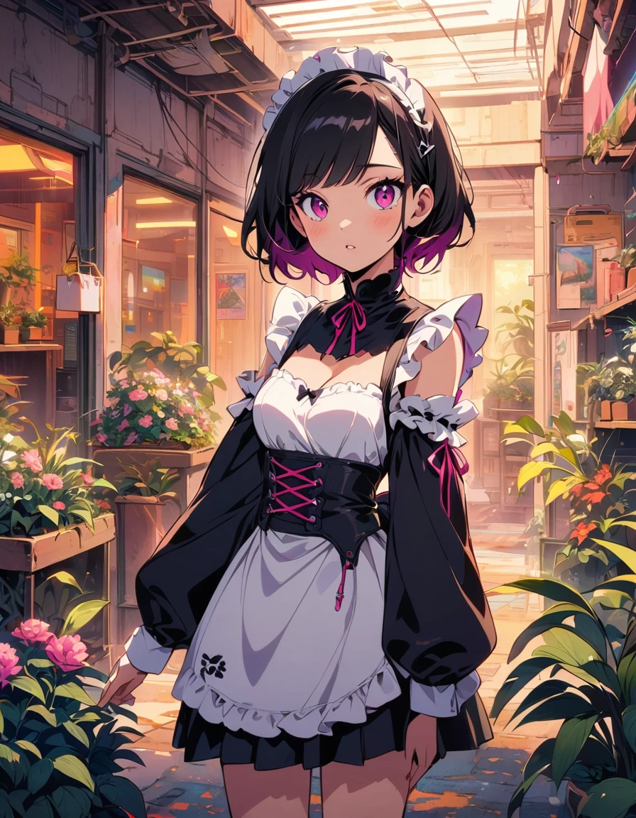 Cyberpunk maid girl, short black hair, stands in bright cozy indoor garden, manga style --ar 3:4 --niji 6