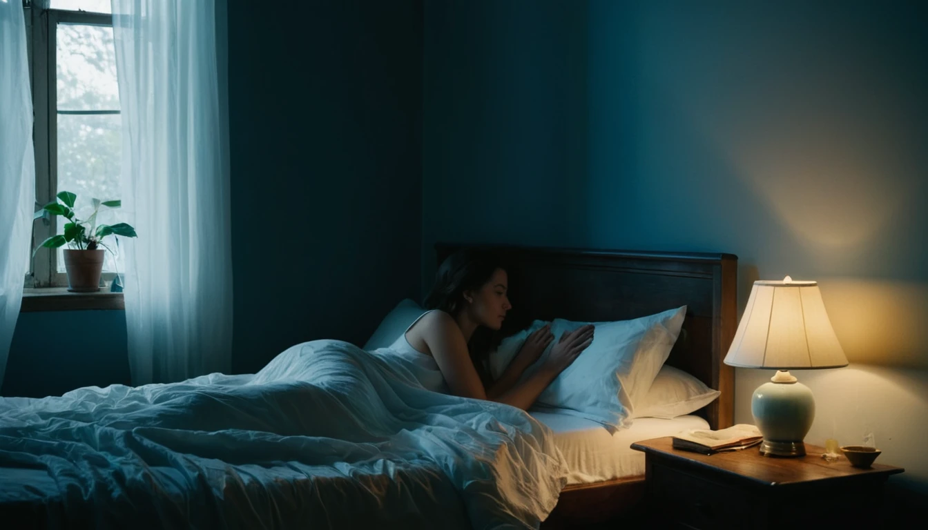 Imagine a dark room, with soft-toned walls, maybe a grayish blue. The window is partially covered by thin curtains, allowing a soft night light to penetrate. The woman is lying on a dark wooden bed, with white cotton sheets crumpled around you. The nightstand next to her has a lamp with a dim bulb., casting shadows on the walls. The atmosphere is silent and tense, as if the nightmare still hangs in the air. 😊