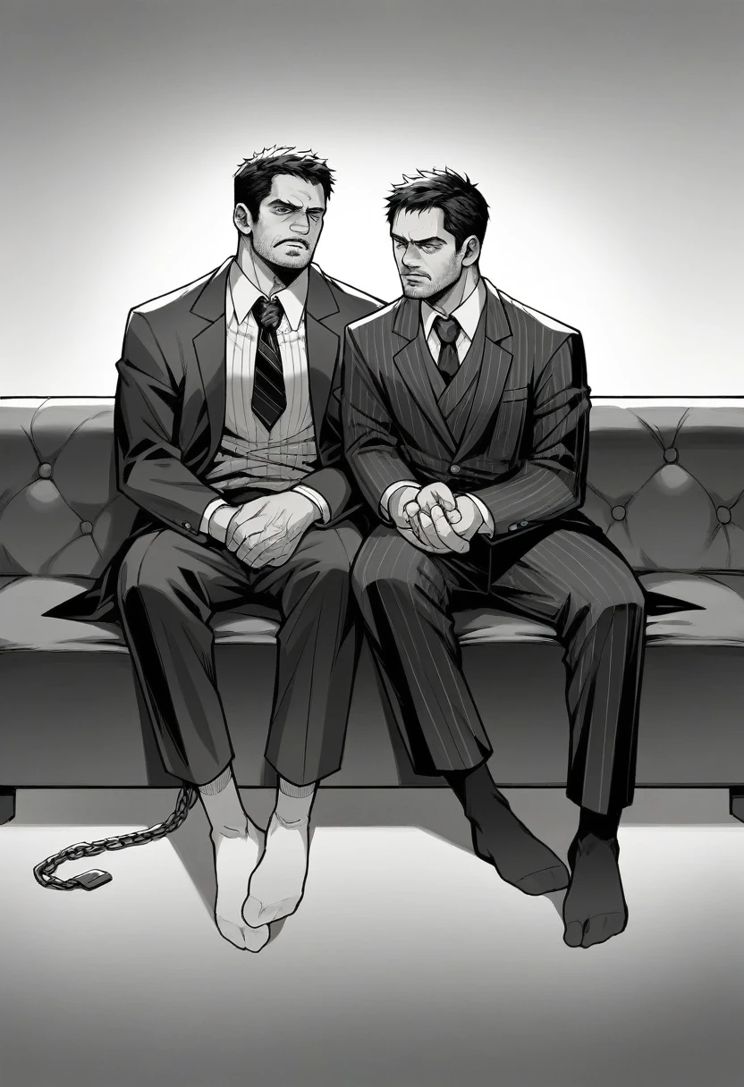 45-year-old middle-aged Chris Redfield from Resident Evil 8，Man，grampa，Height 195，chineseidol，sitting in the couch，God perspective，The eyes are about to face each other，musculature，Lift one foot，Wearing a black and white striped suit，black greatcoat，No shoes，Cord，Chains，Ferocious and ferocious，The background is outdoors，Hold your hands on your knees, black suit socks