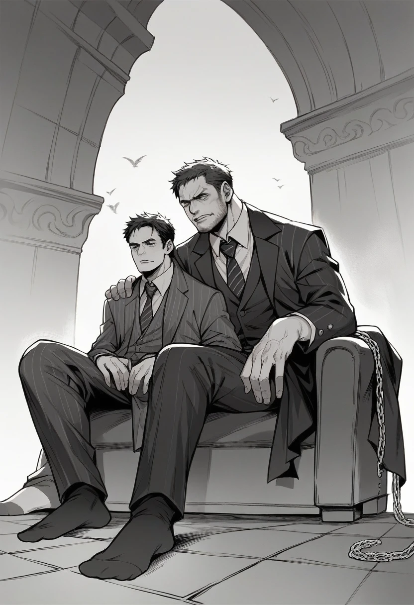 45-year-old middle-aged Chris Redfield from Resident Evil 8,Man,grampa,Height 195,chineseidol,sitting in the couch,God perspective,The eyes are about to face each other,musculature,Lift one foot,Wearing a black and white striped suit,black greatcoat,No shoes,Cord,Chains,Ferocious and ferocious,The background is outdoors,Hold your hands on your knees, black suit socks