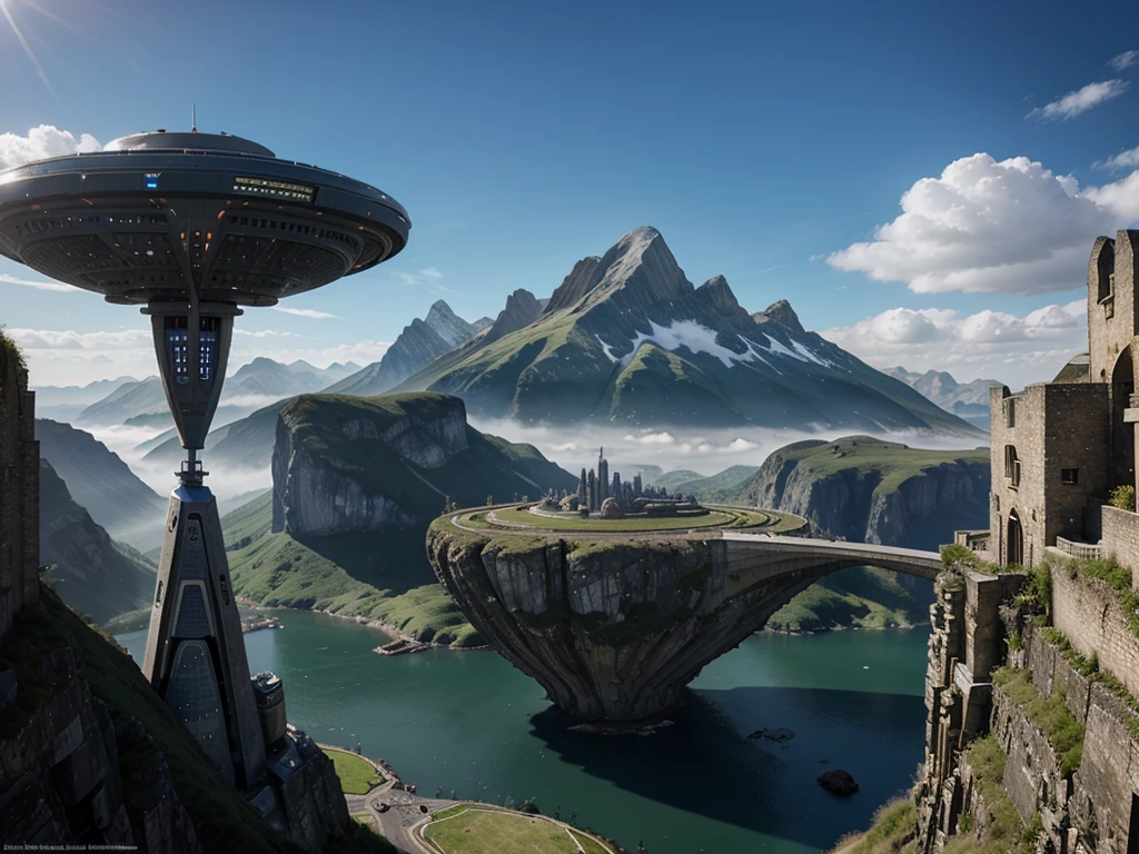futuristic city, fantasy, 23rd century, England, mountains