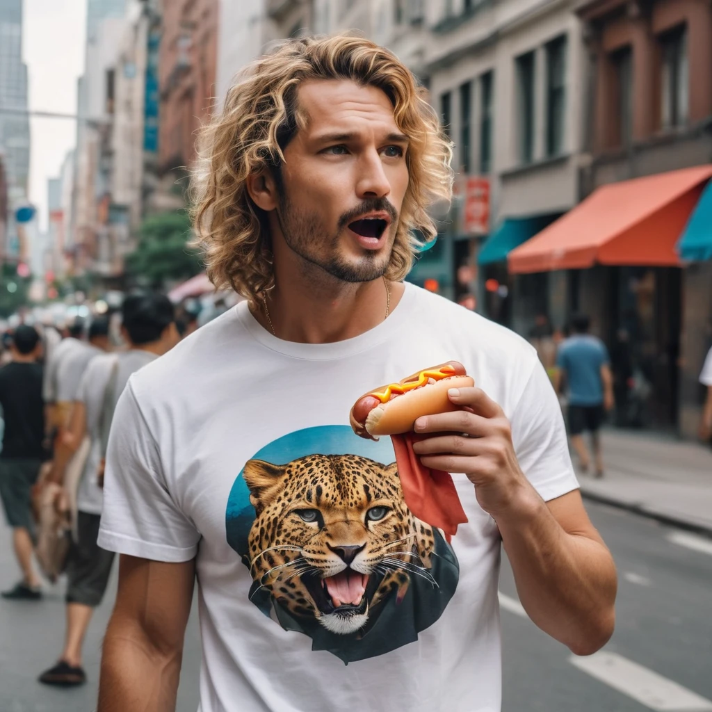 Leopard man eating a hot dog in the city,Wearing a T-shirt,masterpiece、Highest quality,Fantasy,live-action,The body is covered with hair