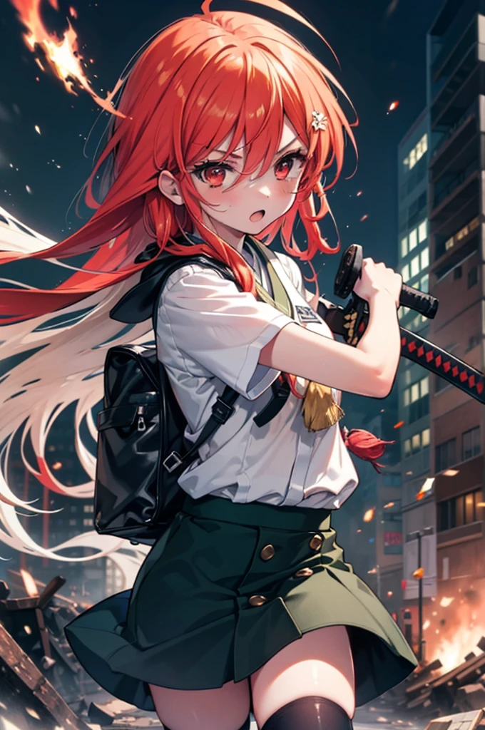 1 Girl, Cowboy Shot, rubble ruins, anger, (Preparing for battle:1.2), Open your mouth, (night:1.2), Explosive inflammation,Shana, Red eyes, Redhead, Very long hair, Hair between the eyes, (Ahoge:1.1), , , Seraphim, White shirt, Short sleeve, Green Skirt, Knee socks, Black rider suit,In his left hand he holds a flaming Japanese sword..,Highest quality, masterpiece, High resolution,