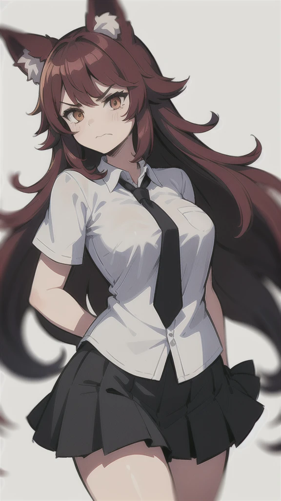 1girl ,20s,angry face,white shirt,short sleeves,(black standard tie),black school skirt,red hair,long hair,fox ears,(white background, line drawing),(classroom),cowboy shot