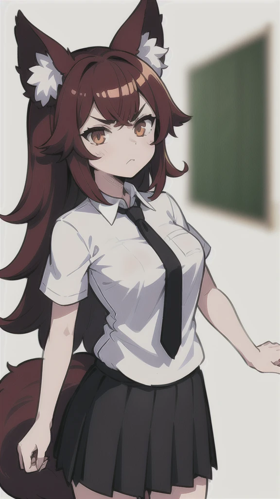 1girl ,20s,angry face,white shirt,short sleeves,(black standard tie),black school skirt,red hair,long hair,fox ears,(white background, line drawing),(classroom),cowboy shot