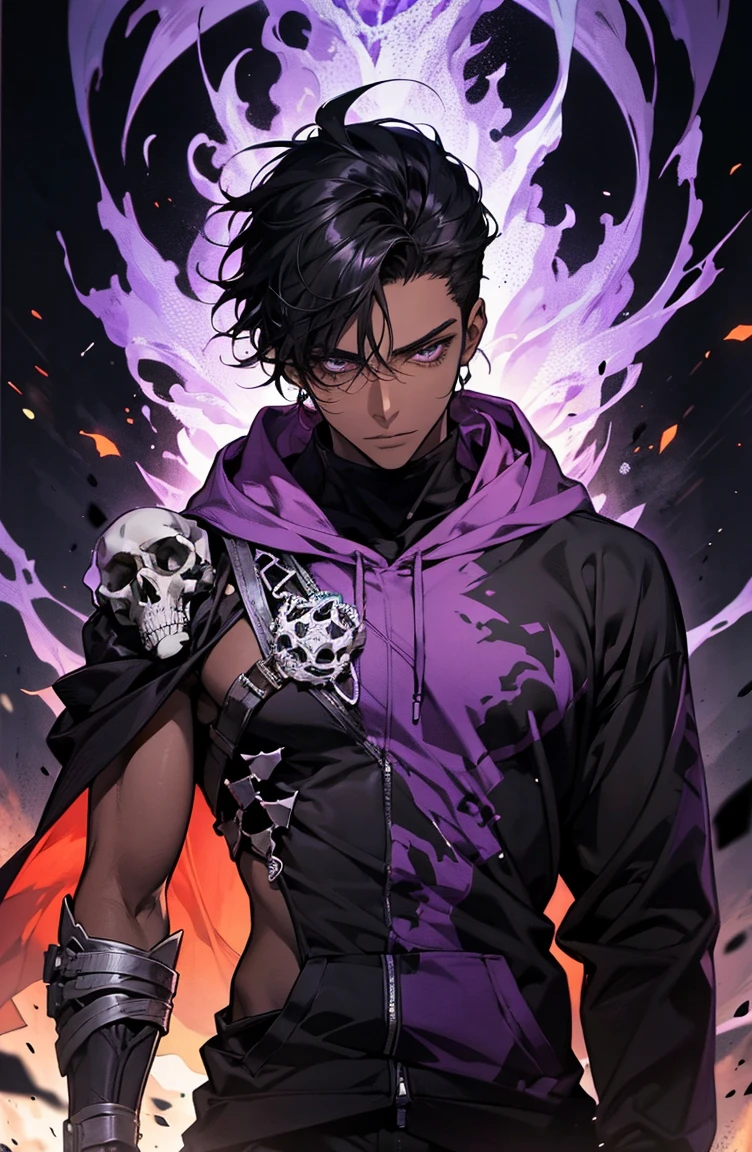 male with bones, looking away from camera, skulls, bones, handsome, black, dark skin, tall, broad shoulders, black hair, purple, purple fire, magic, detailed face, fantasy, hoodie
