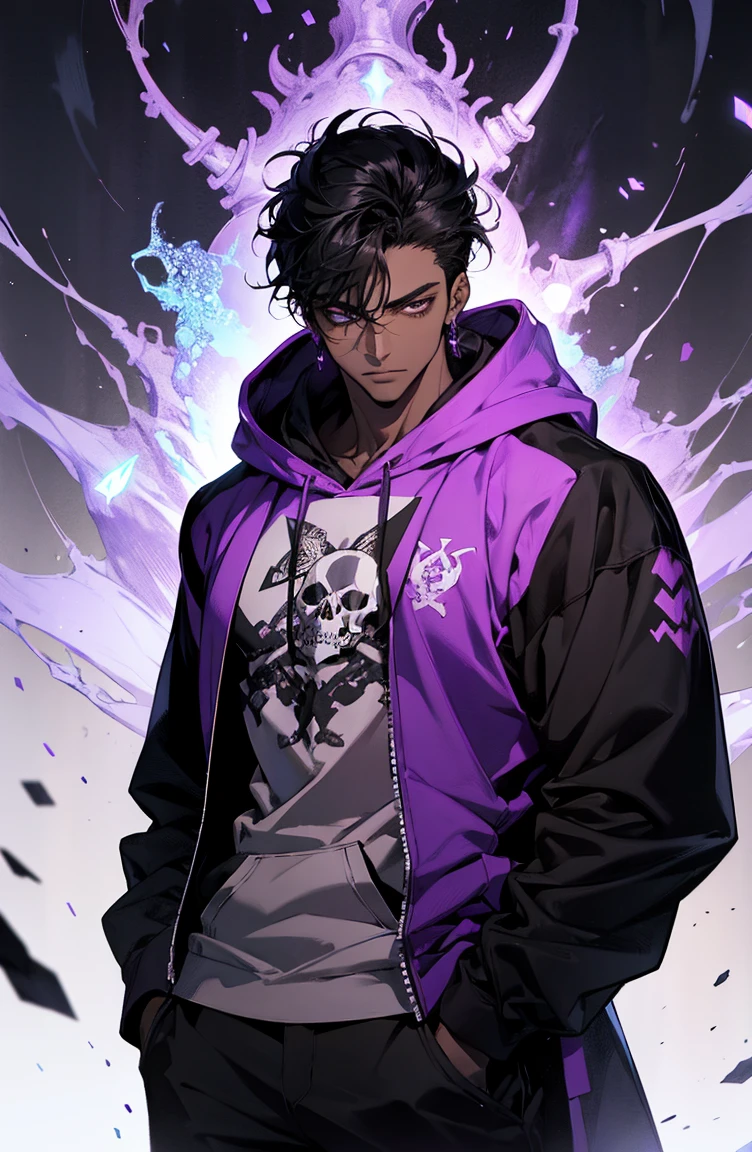 male with bones, looking away from camera, skulls, bones, handsome, black, dark skin, tall, broad shoulders, black hair, purple, purple fire, magic, detailed face, fantasy, hoodie
