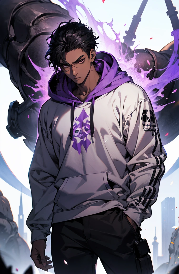 male with bones, looking away from camera, skulls, bones, handsome, black, dark skin, tall, broad shoulders, black hair, purple, purple fire, magic, detailed face, fantasy, hoodie
