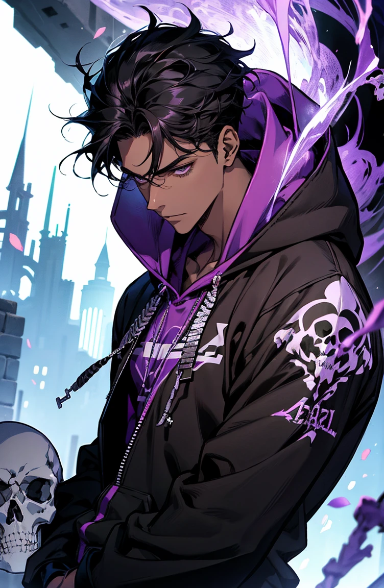 male with bones, looking away from camera, skulls, bones, handsome, black, dark skin, tall, broad shoulders, black hair, purple, purple fire, magic, detailed face, fantasy, hoodie