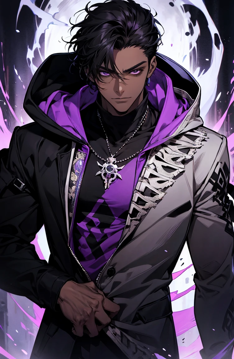 male with bones, looking away from camera, skulls, bones, handsome, black, dark skin, tall, broad shoulders, black hair, purple, purple fire, magic, detailed face, fantasy, hoodie