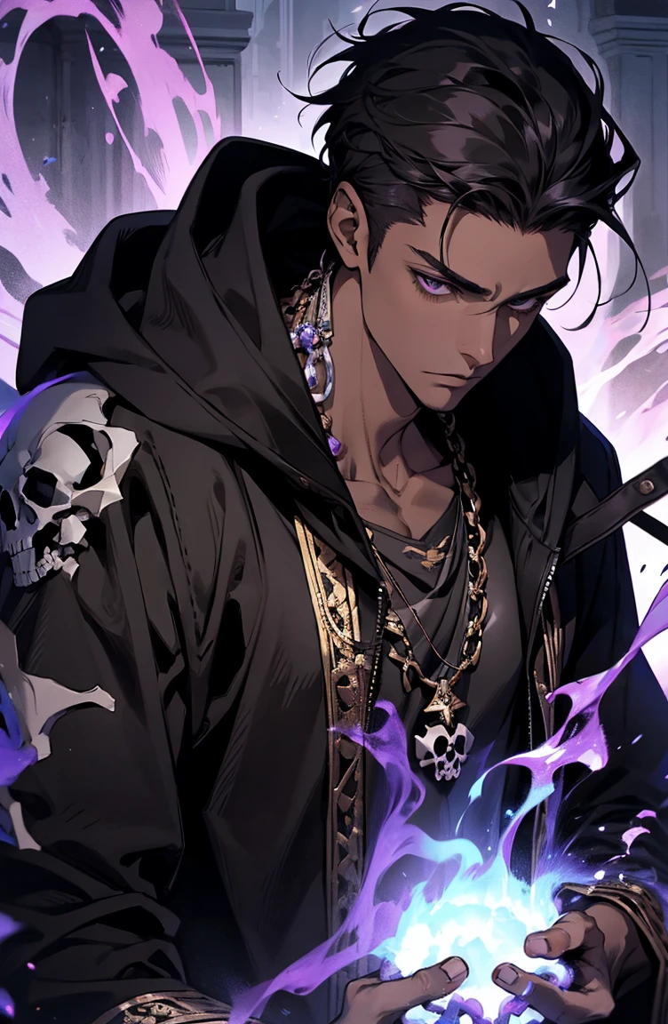 male with bones, looking away from camera, skulls, bones, handsome, black, dark skin, tall, broad shoulders, black hair, purple, purple fire, magic, detailed face, fantasy, hoodie
