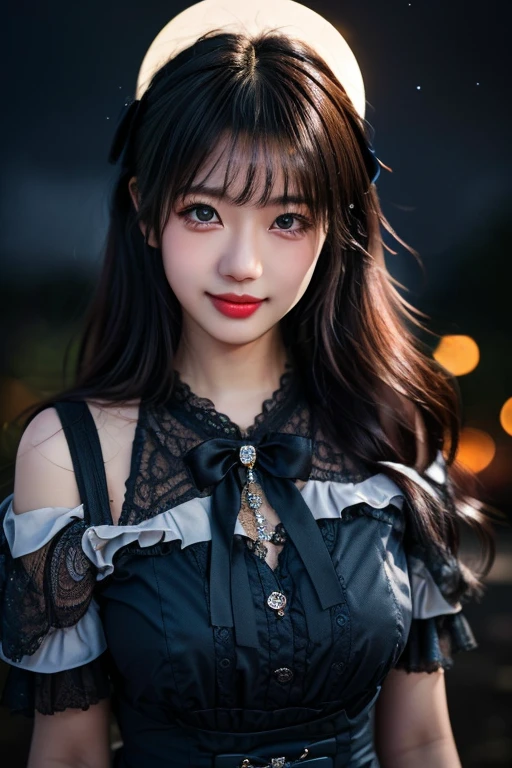 (a gorgeous japanese lady, Age 18, wearing a fashion dress, posing under night sky, soft natural moonlight shines, slender figure with ample round bosom, fair skin, beautiful detailed face, detailed eyes, shy smile, aegyo dimples, kawaii snaggle-tooth,(best quality,8K,highres,masterpiece:1.2),ultra-detailed,(realistic,photorealistic,photo-realistic:1.37),HDR,uhd,vivid colors,studio lighting,extremely detailed,professional, high angle camera shot, focused on bosom, bokeh night background)