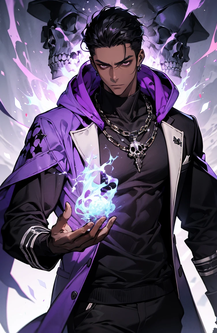 male with bones, looking away from camera, skulls, bones, handsome, black, dark skin, tall, broad shoulders, black hair, purple, purple fire, magic, detailed face, fantasy, hoodie