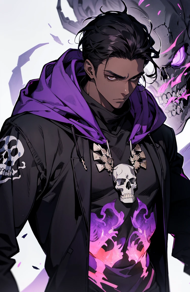 male with bones, looking away from camera, skulls, bones, handsome, black, dark skin, tall, broad shoulders, black hair, purple, purple fire, magic, detailed face, fantasy, hoodie
