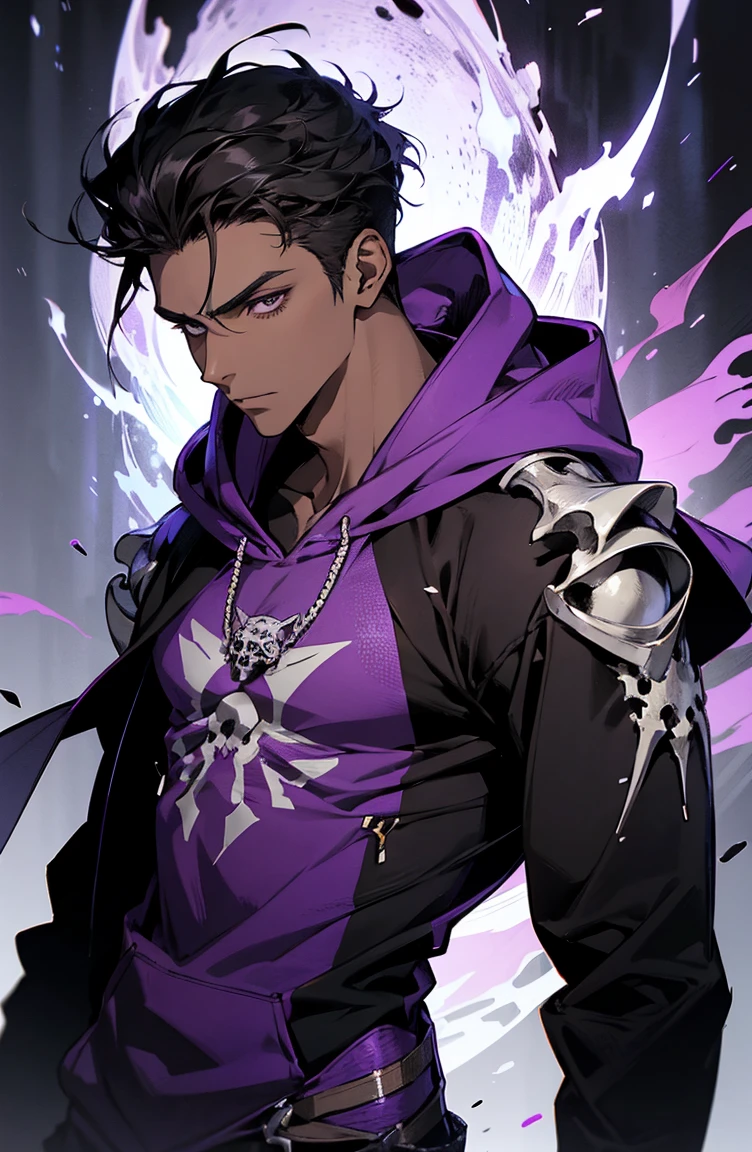 male with bones, looking away from camera, skulls, bones, handsome, black, dark skin, tall, broad shoulders, black hair, purple, purple fire, magic, detailed face, fantasy, hoodie
