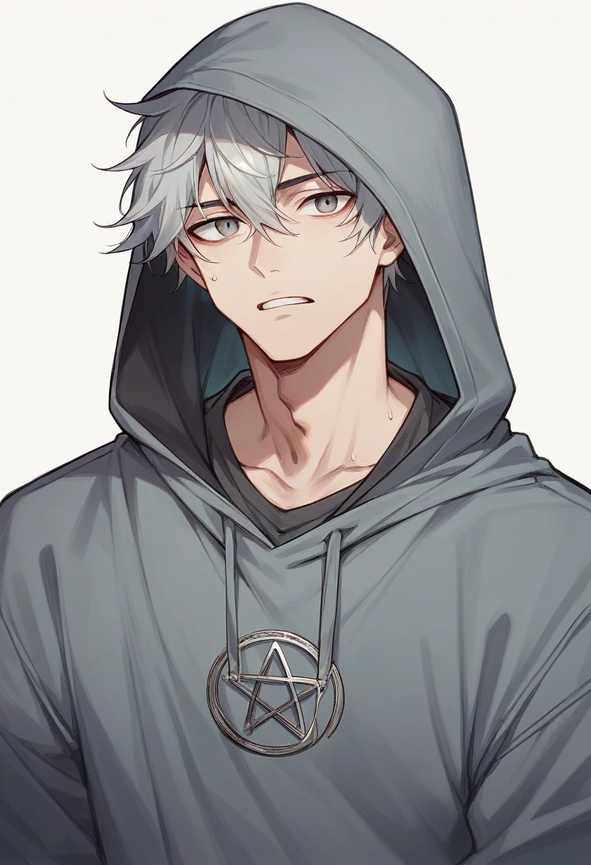 A 16-year-old boy in a gray sweatshirt and dark circles, The hood of the sweatshirt covers part of his face